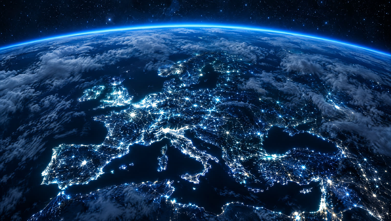 Luzes de cidades vistas da órbita formando uma rede azul